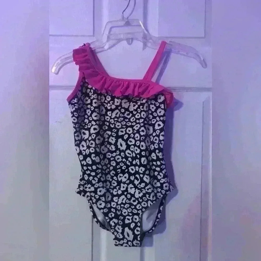 Xhilaration Size L Pink Cream Black Animal Print Girls Swim Suit Pool Beach
